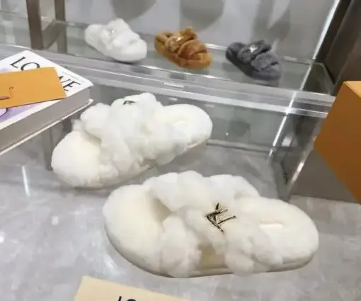 Alternative view of LV Sunset Comfort Mule Plush Shearling Material Crossover Straps Embellished White Fluffy Slipper
