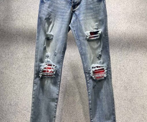 AMIRI MX1 Skinny Jeans Light Blue Wash With Red Bandana Patches