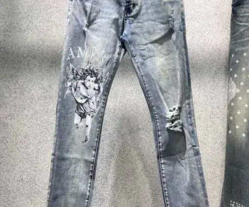 Amiri Men's Skinny Distressed Jeans With Blue Leather Details And Washed Damaged Finish