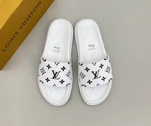 LV Monogram White Slipper With Black Logo On Slides