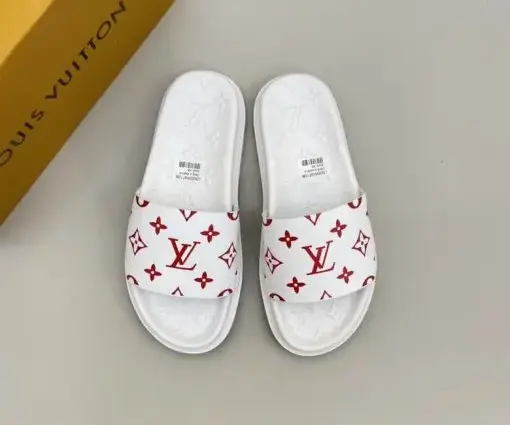 LV Monogram White Slipper With Red Logo On Slides