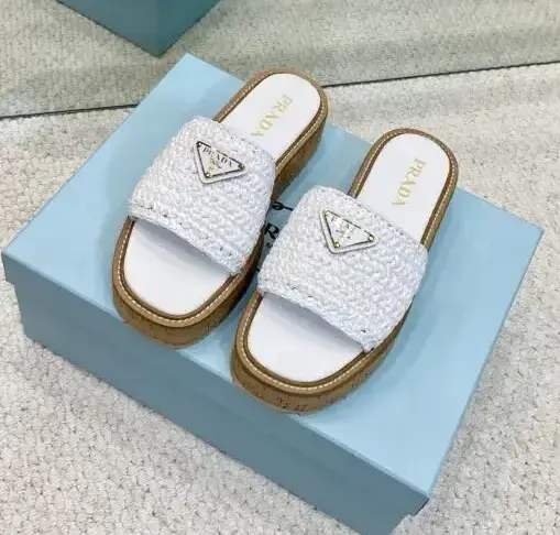 Prada Raffia Flatform Slide Sandal White
