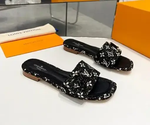 LV Women Black Slipper With White Logo On Slides