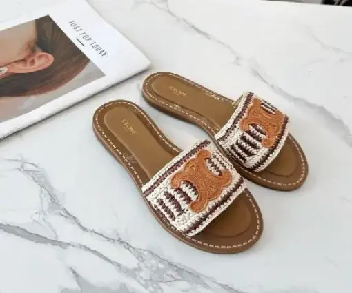 Celine Raffia Leather Sandal Brown Logo