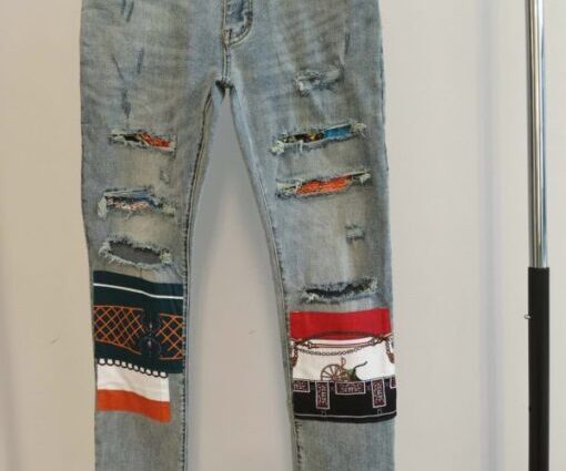 Amiri Bandana Artpatch Skinny Jeans Light Blue Distressed Denim