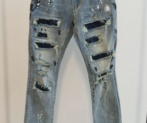Amiri Distressed Embellished Denim Jeans Light Blue Wash