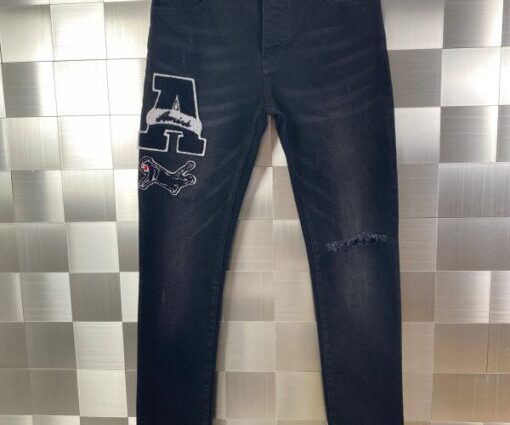 Amiri Varsity Patch Jeans Antique Black With Distressed Details